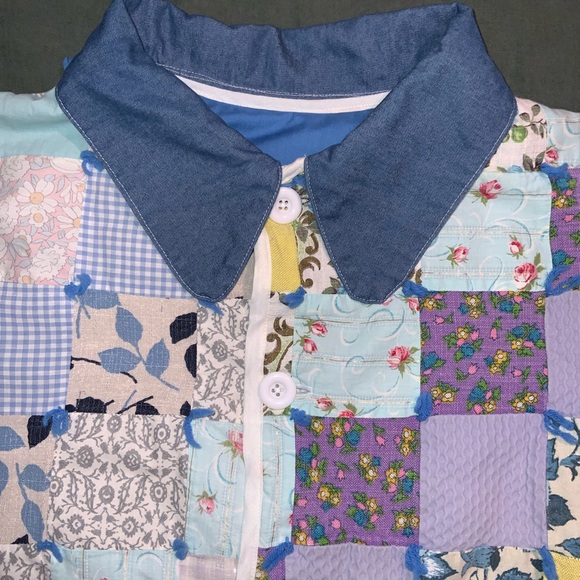 handmade quilt coat patchwork yarn ties blue floral gingham denim collar L/XL - Picture 3 of 6